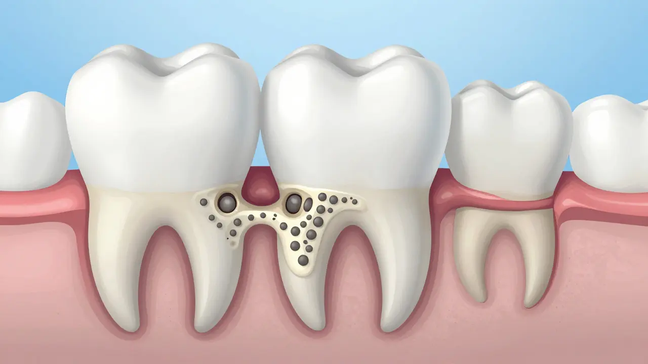 Průřez zubu s hlubokými paradontálními kapsami a ničením kosti kolem kořene.