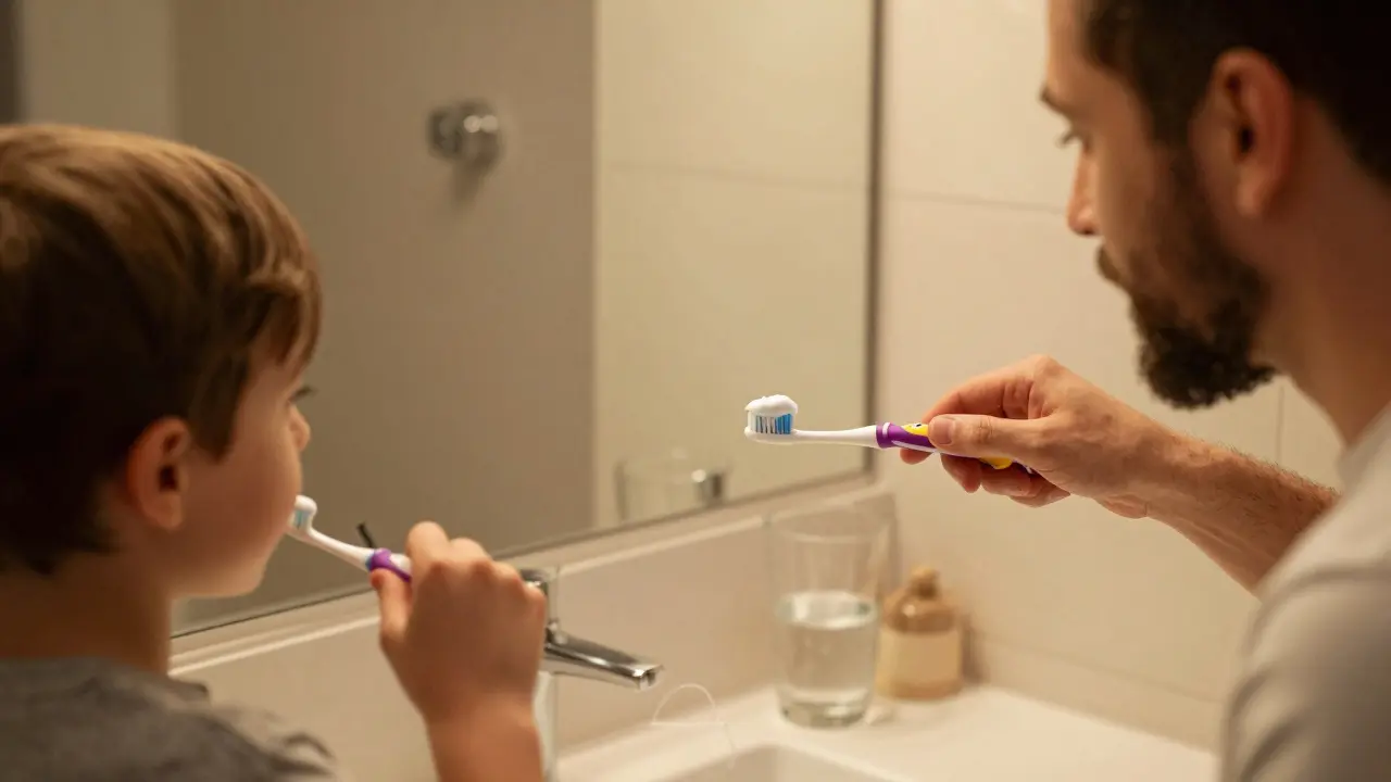 Rodič a dítě společně čistí zuby ve vaně před zrcadlem ve večerní době