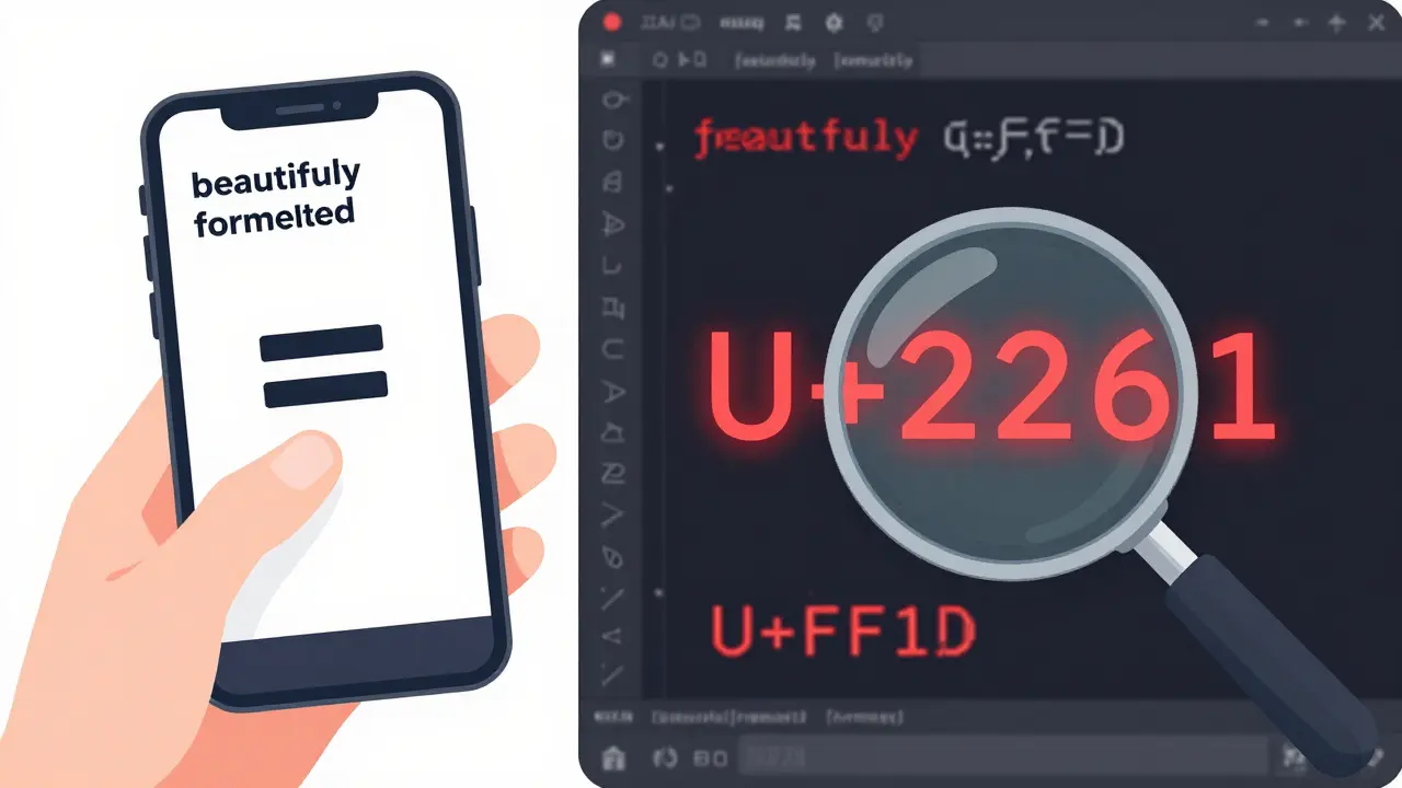 Rozdělený obraz: kopírování kódu z mobilu vs. zobrazení skrytých neplatných znaků v editoru.