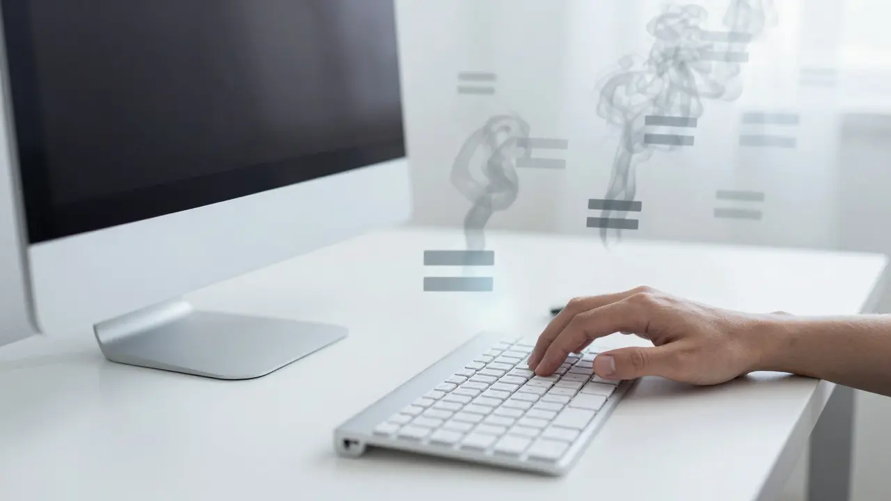 Ruka píše správné rovnítko, zatímco neviditelné chybné znaky se rozptylují jako kouř.