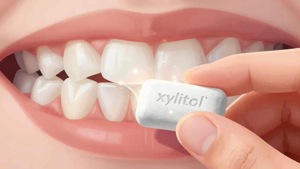 Sachet cukrozé žvýkačky s xylitolu a viditelné účinky na zubech.