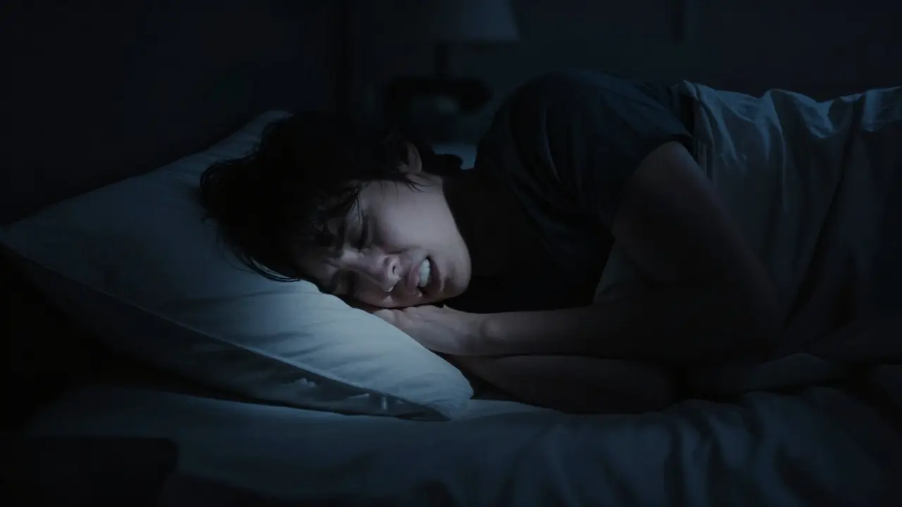 Tmavá scéna spícího člověka se staženou čelistí v noci.