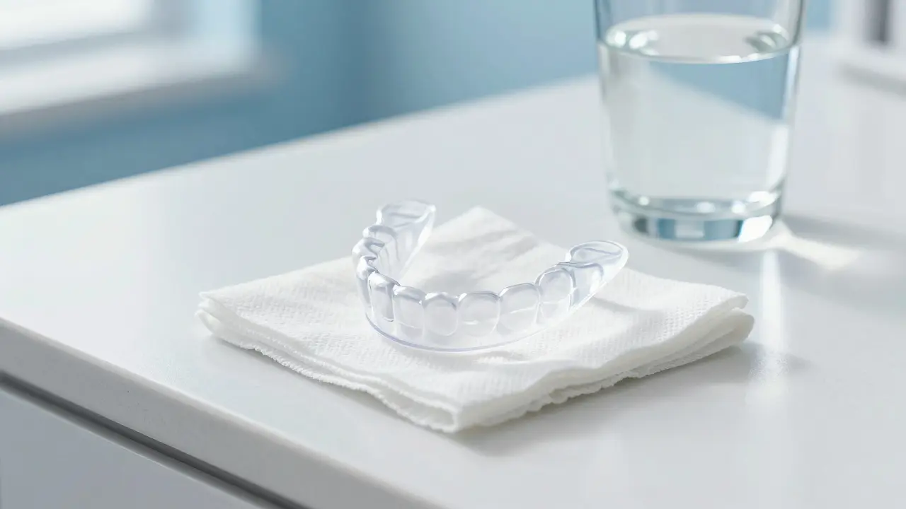 Transparentní chránička na zuby na čistém zubním stolku.