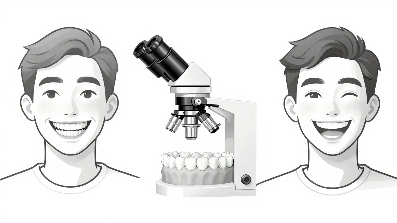 Tři fáze transformace úsměvu: před, během a po aplikaci fazet.