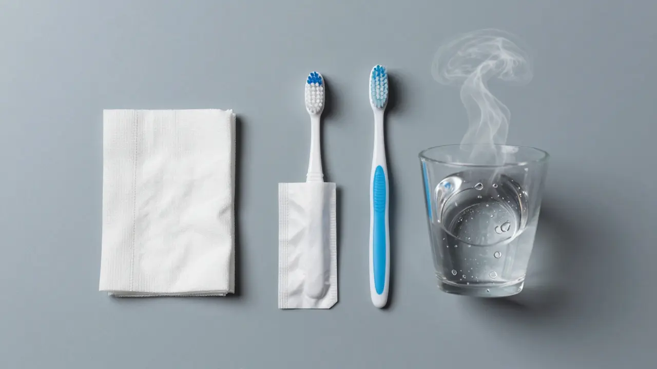 Tři nouzové prostředky pro čištění zubů: gáza, malý kartáček a slaná voda.