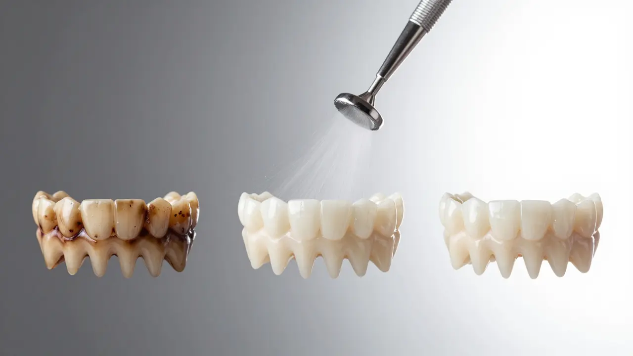 Tři stadia zdraví zubů: znečištěné, během čištění a čisté zuby po pískování.