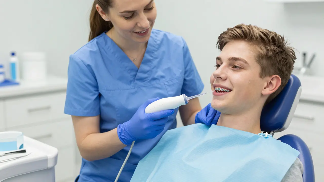 Zubní hygienistka vysvětluje dítěti s drátky, jak správně používat ústní sprchu.