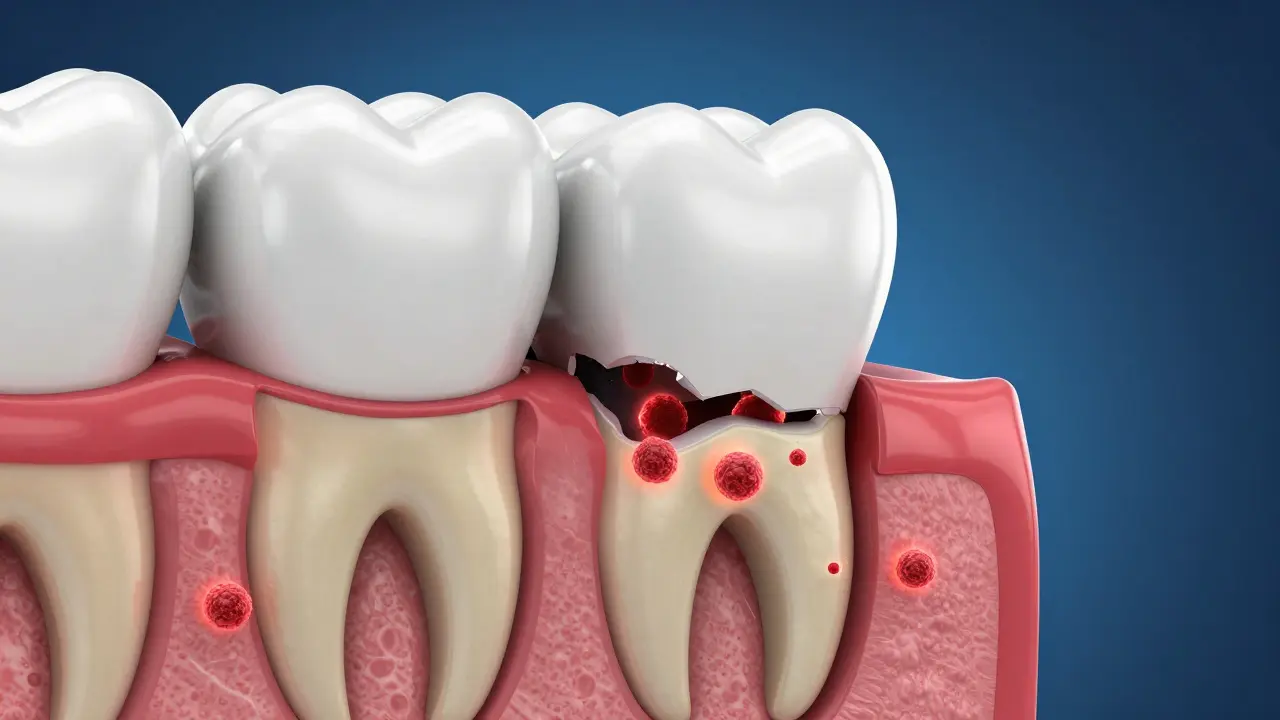 3D ilustrace průřezu zubu s viditelným kazem pronikajícím do dentinu.