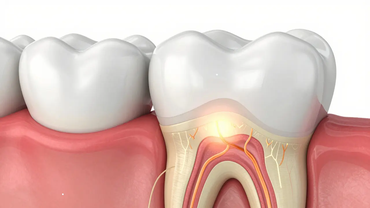 3D průřez zubu ukazující sklovinu, dentinové kanálky a nervy v pulpě.