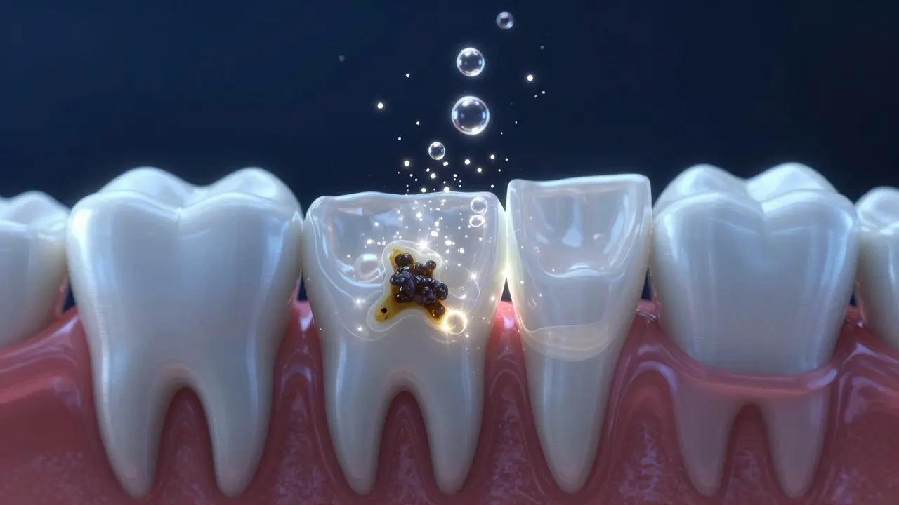 3D vizualizace procesu bělení zubů, kde aktivní látky rozpouštějí pigmenty v dentinu.