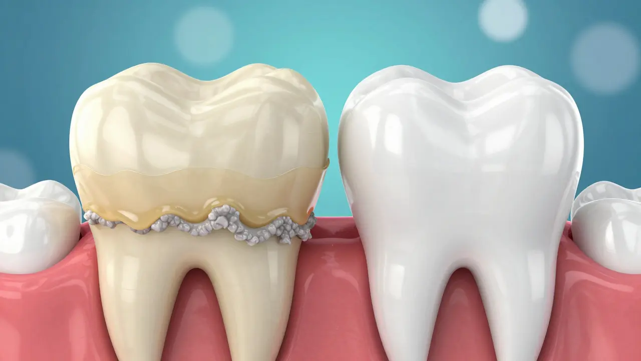 3D vizualizace zubu s biofilmem a čistého vyleštěného zubu