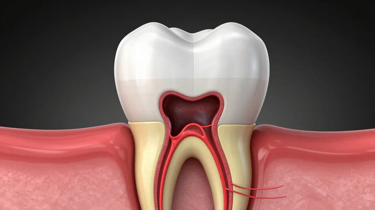 Anatomický průřez zubu znázornující postup kariézu až k zzubnímu nervu.