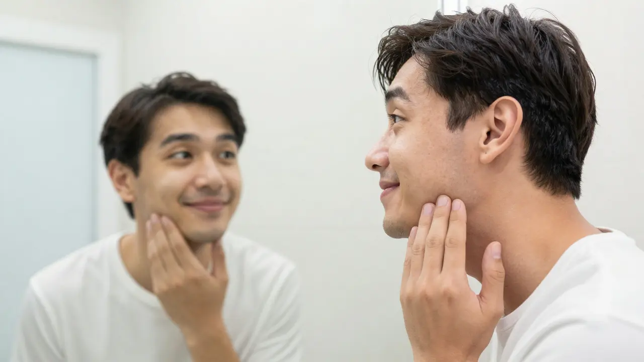 Člověk se usmívá do zrcadla po úspěšné rehabilitaci obličeje.