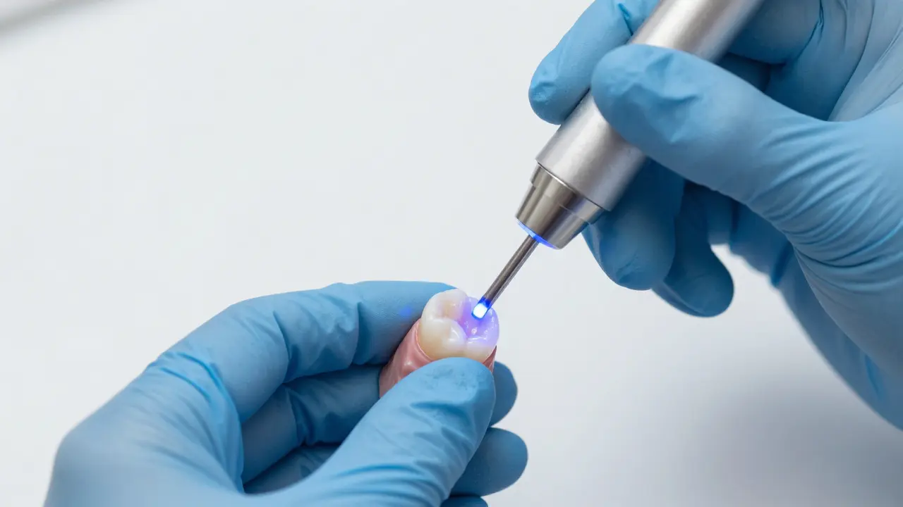 Dentista aplikuje estetickou bílou výplň do zubu pomocí UV světla.