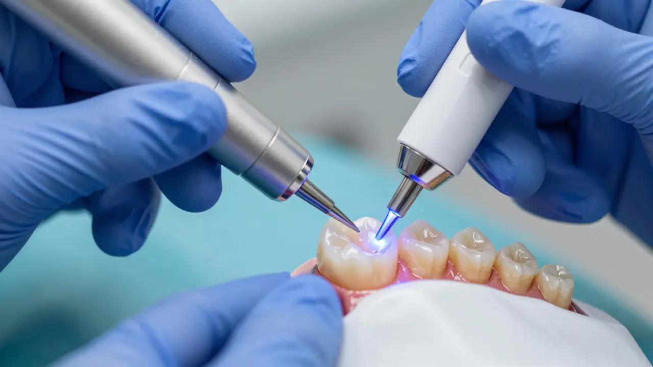 Dentista používá modré UV světlo k vytvrzení kompozitní fasety na zubu.