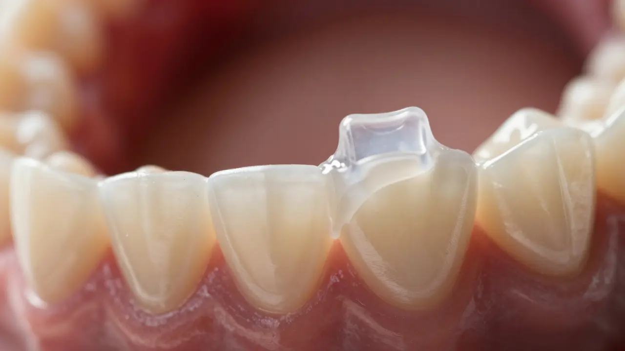 Detail aplikace ortodontického vosku na keramický záhyb pro ochranu rtu.