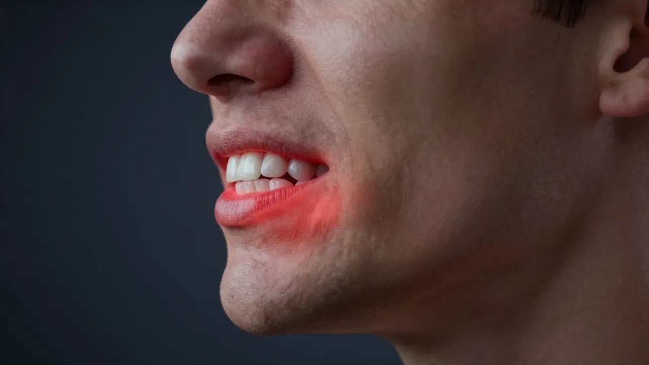 Detail čelisti s červeným zvýrazněním oblastí nadměrného tlaku na přední zuby.