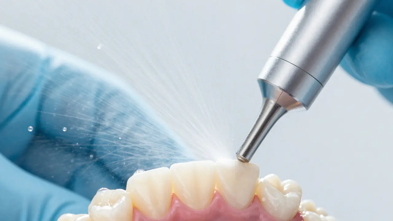 Detail profesionálního čištění zubů metodou Airflow s proudem vody.