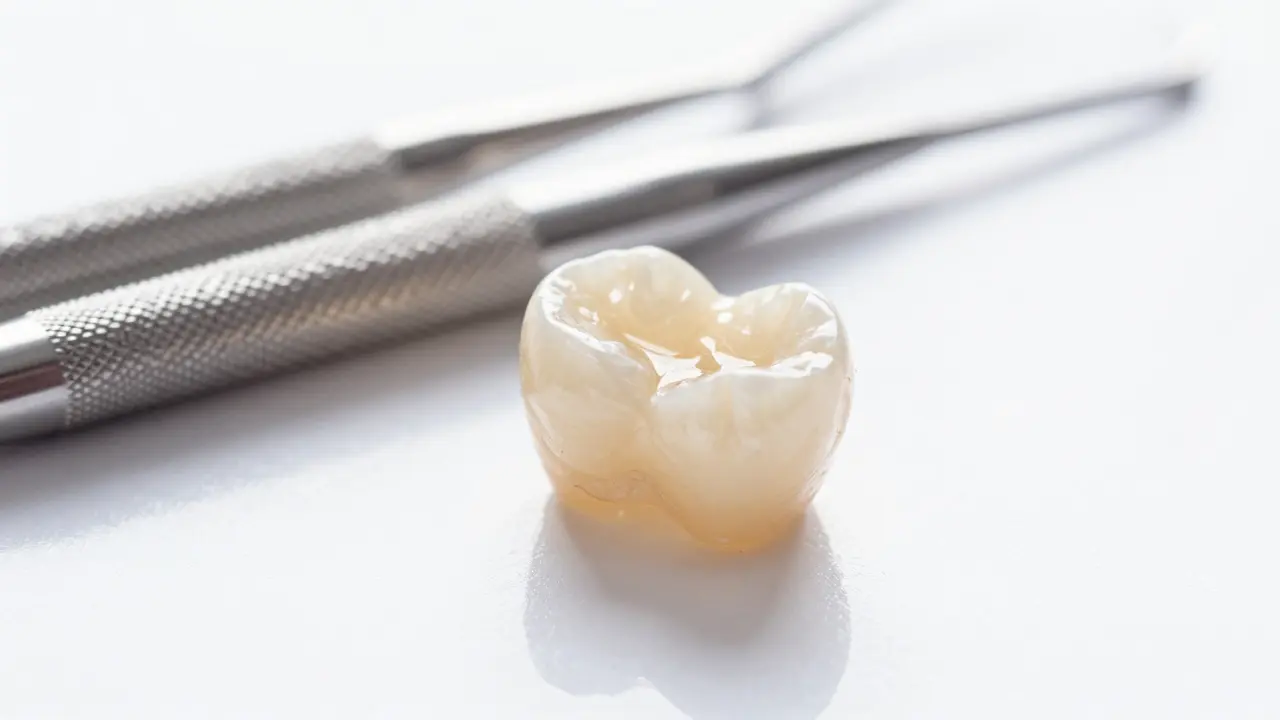 Detail zirkoniové zubní korunky s přirozeným vzhledem.