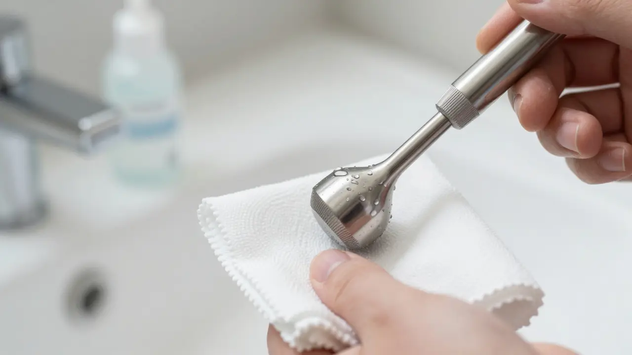 Detailní čištění a dezinfekce kovového hrotu ultrasonického čističe zubů.