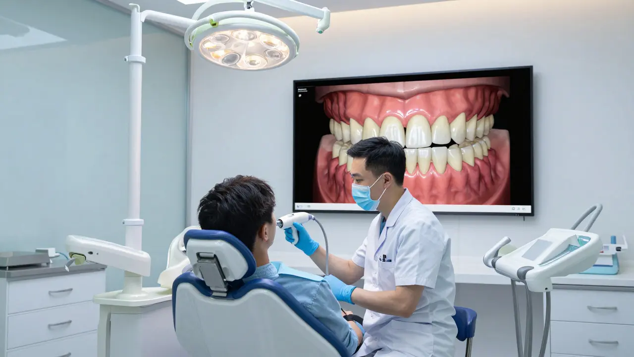 Digitální 3D skenování chlepu pomocí intraorálního skeneru v moderní ordinaci.