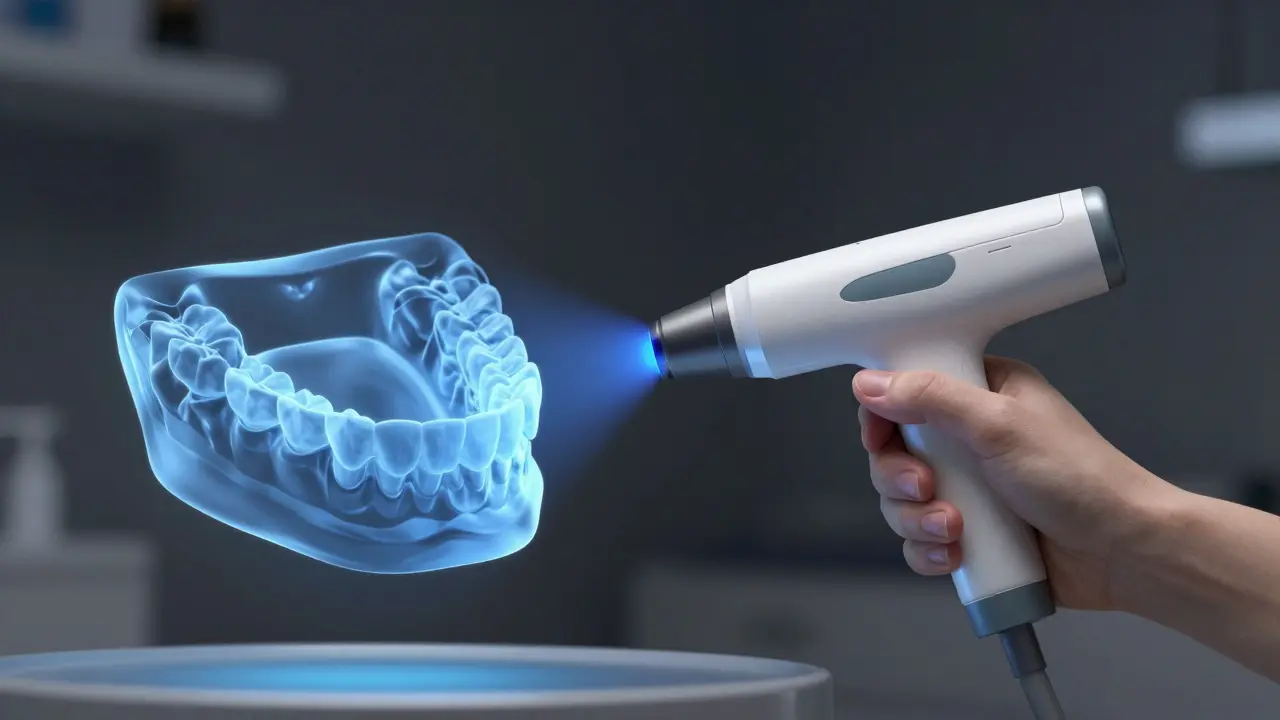 Digitální intraorální skener vytvářející 3D model čelistí.