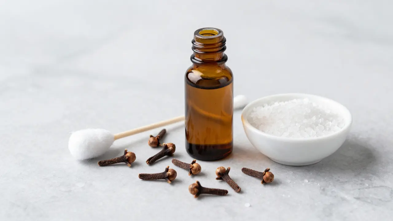 Hřebíčky, esenciální olej a sůl na mramorovém povrchu