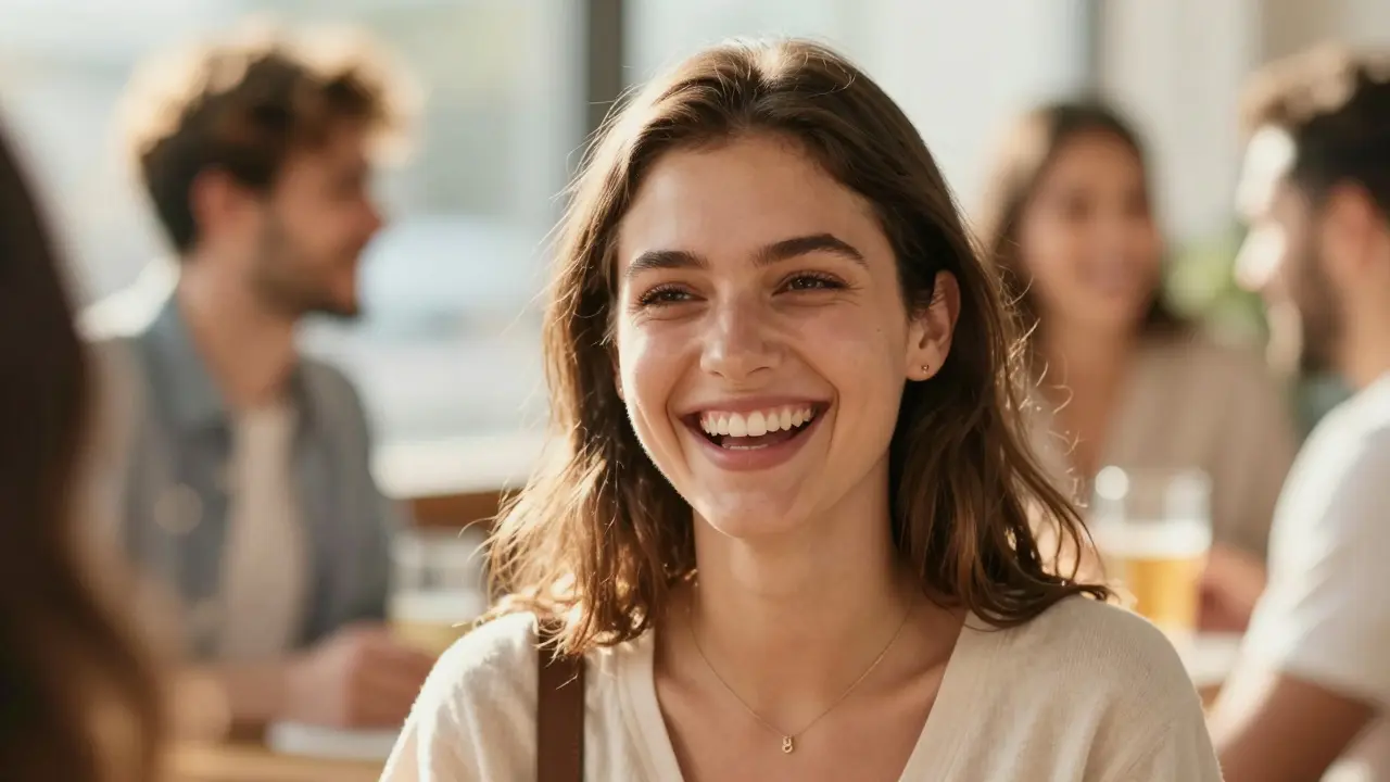 Kandidátní portrét šťastně se smějící osoby s vyváženým úsměvem.