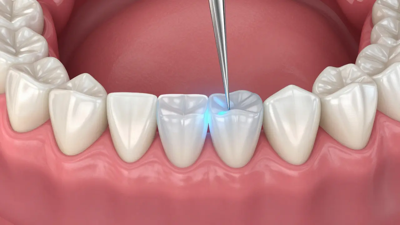 Koncepční ilustrace procesu přípravy zubu pro nasazení dentální korunky.