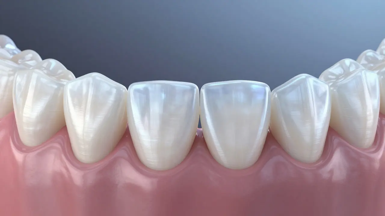 Konceptuální 3D model keramické fazety přiléhající k zubu.