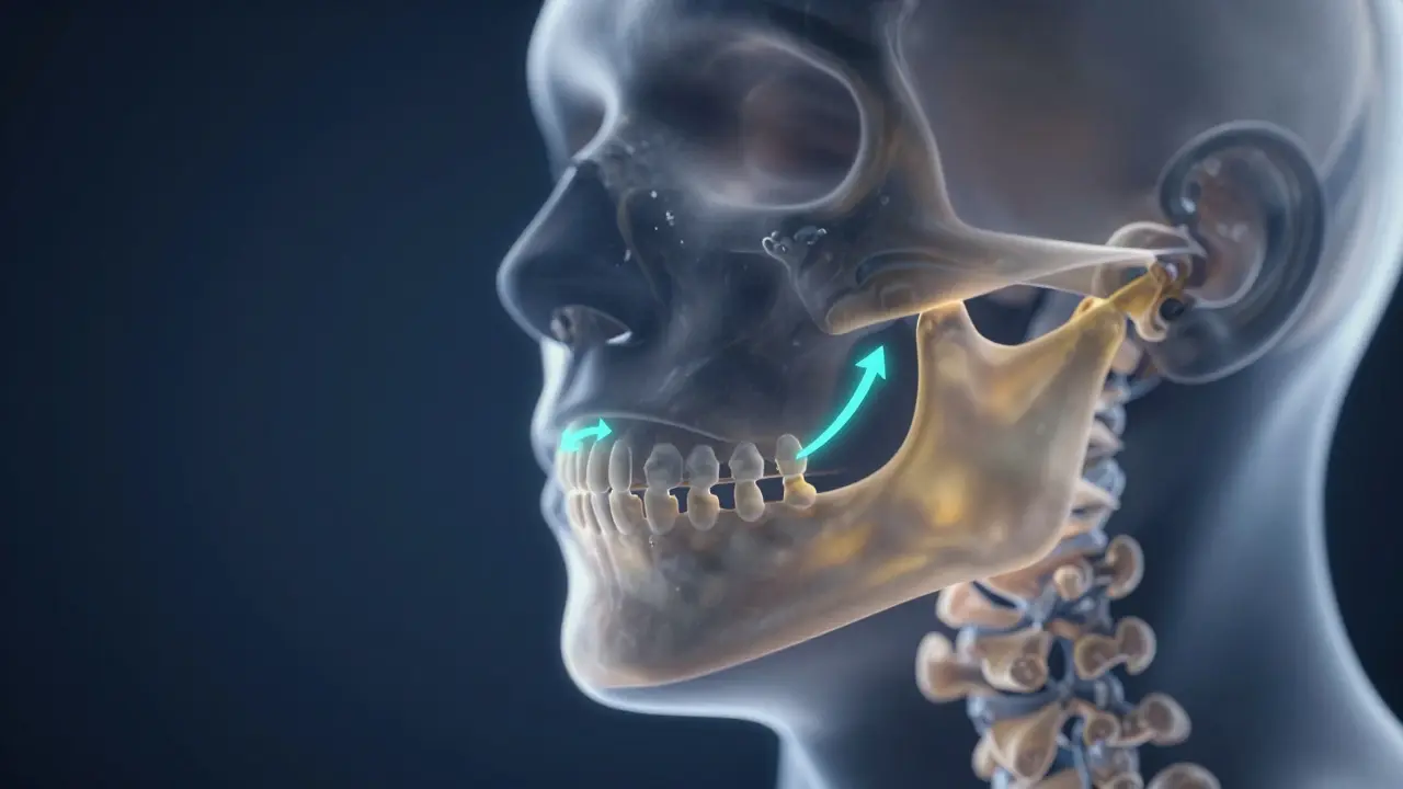 Konceptuální ilustrace anatomie čelistního kloubu a správného směru pohybu.