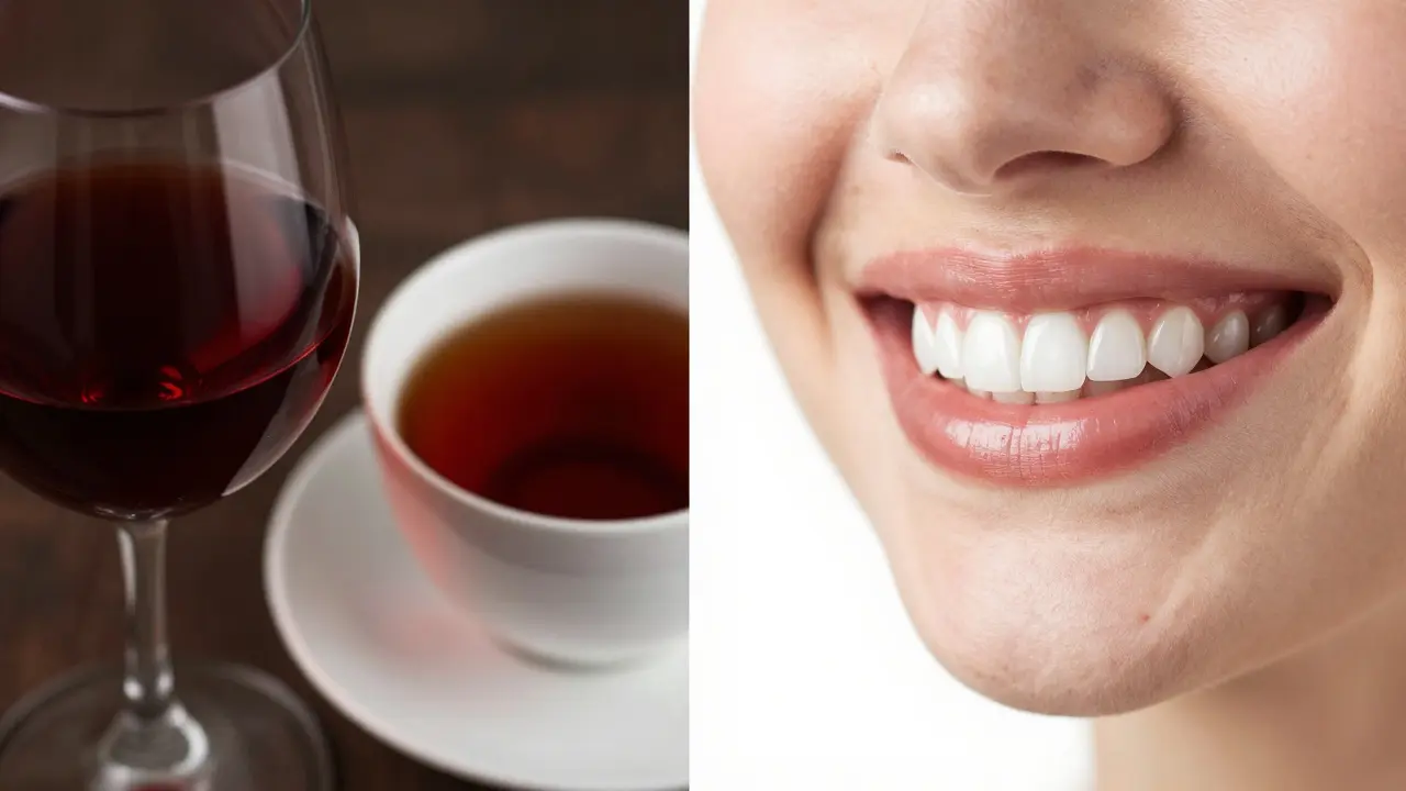 Konceptuální snímek znázornující vliv červeného vína a čaje na barvu faset.