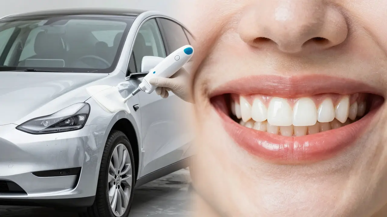 Konceptuální srovnání pískování a fluoridace zubů s leštěním auta.