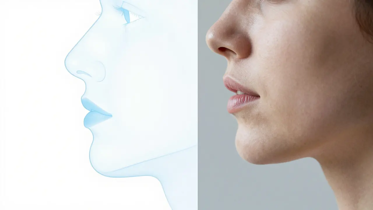 Konceptuální zobrazení vlivu postavení zubů na profil obličeje.