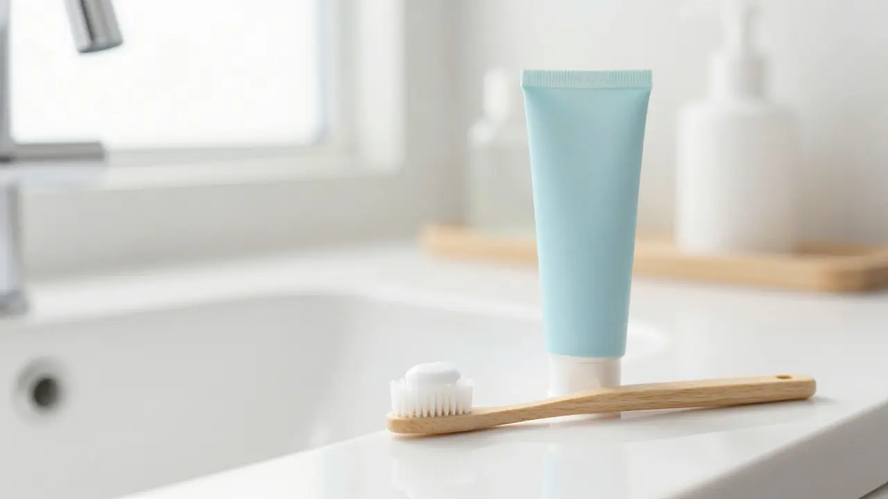 Měkký zubní kartáček a speciální pasta pro citlivé zuby v brightu koupelny.