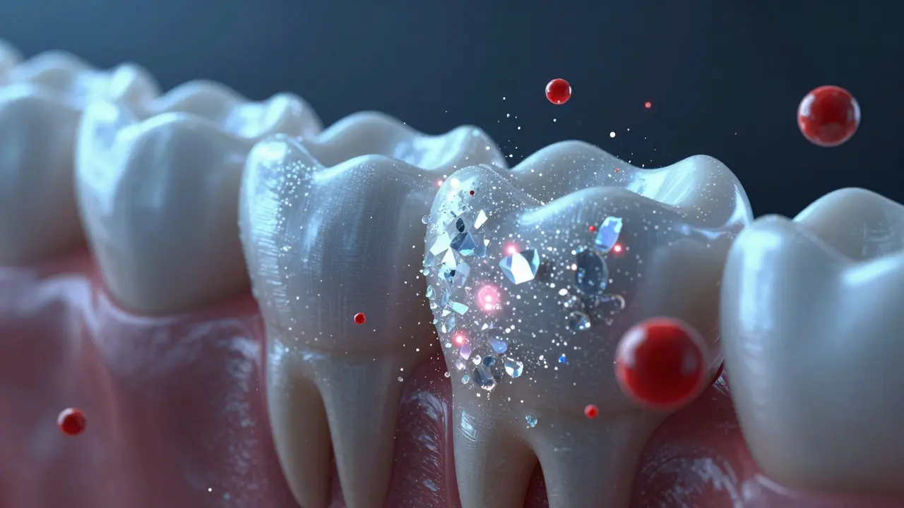 Mikroskopický pohled na ochrannou vrstvu fluorapatitu na zubní sklovině.
