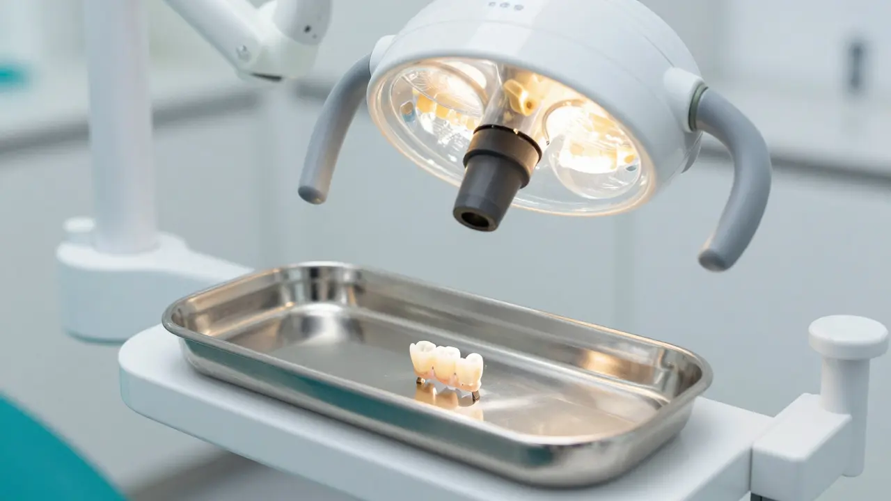 Moderní zubní korunka a kompozitní materiál na sterilním tácu v ordinaci.