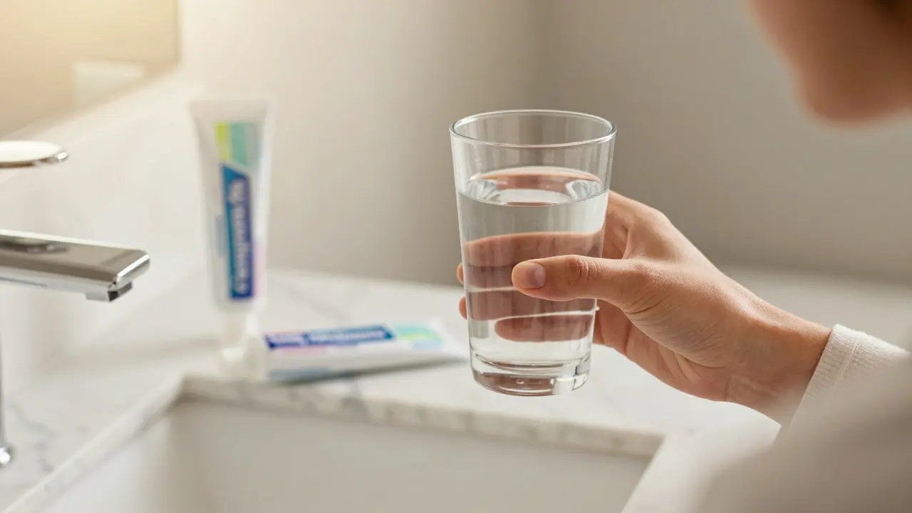 Osoba pečující o citlivé zuby doma po stomatologickém zákroku.