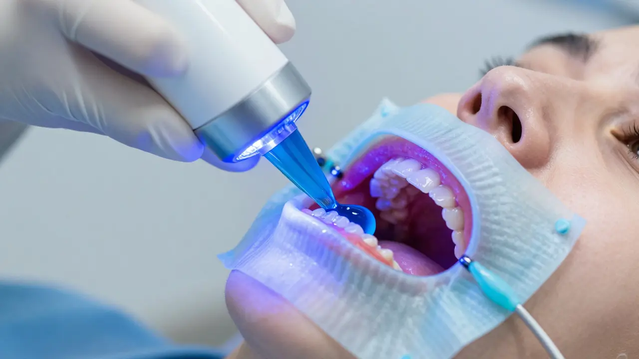 Profesionální bělení zubů v ordinaci s použitím modrého gelu a světla.