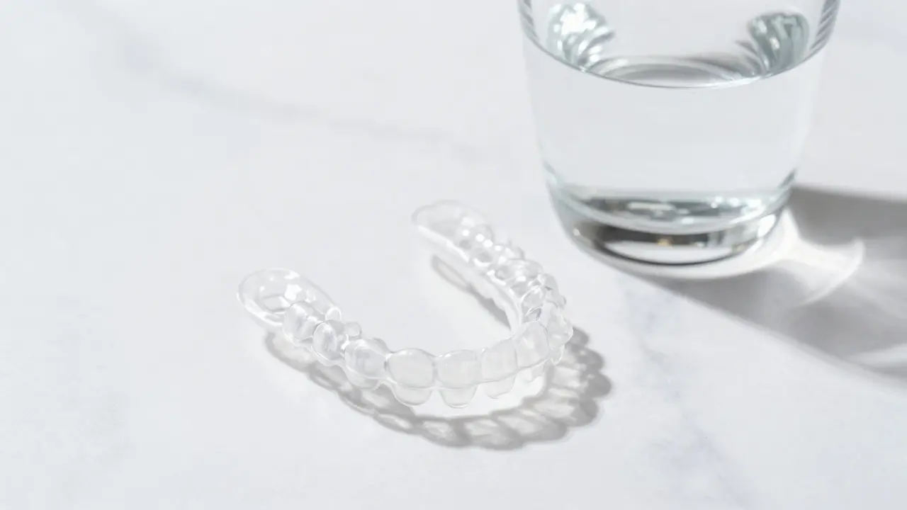 Průhledný aligner a kousoutní dlaha na bílém mramoru v přirozeném světle.