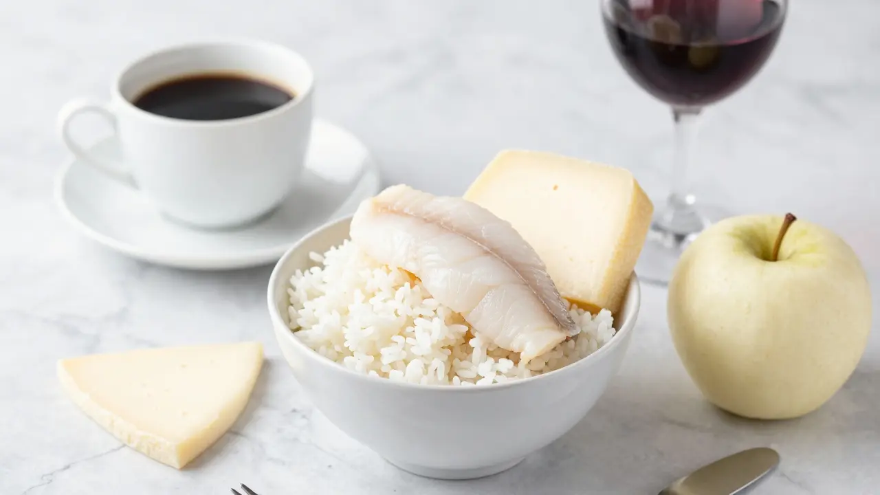 Sada bílých potravin pro dietu po bělení zubů vedle zakázané kávy a vína.