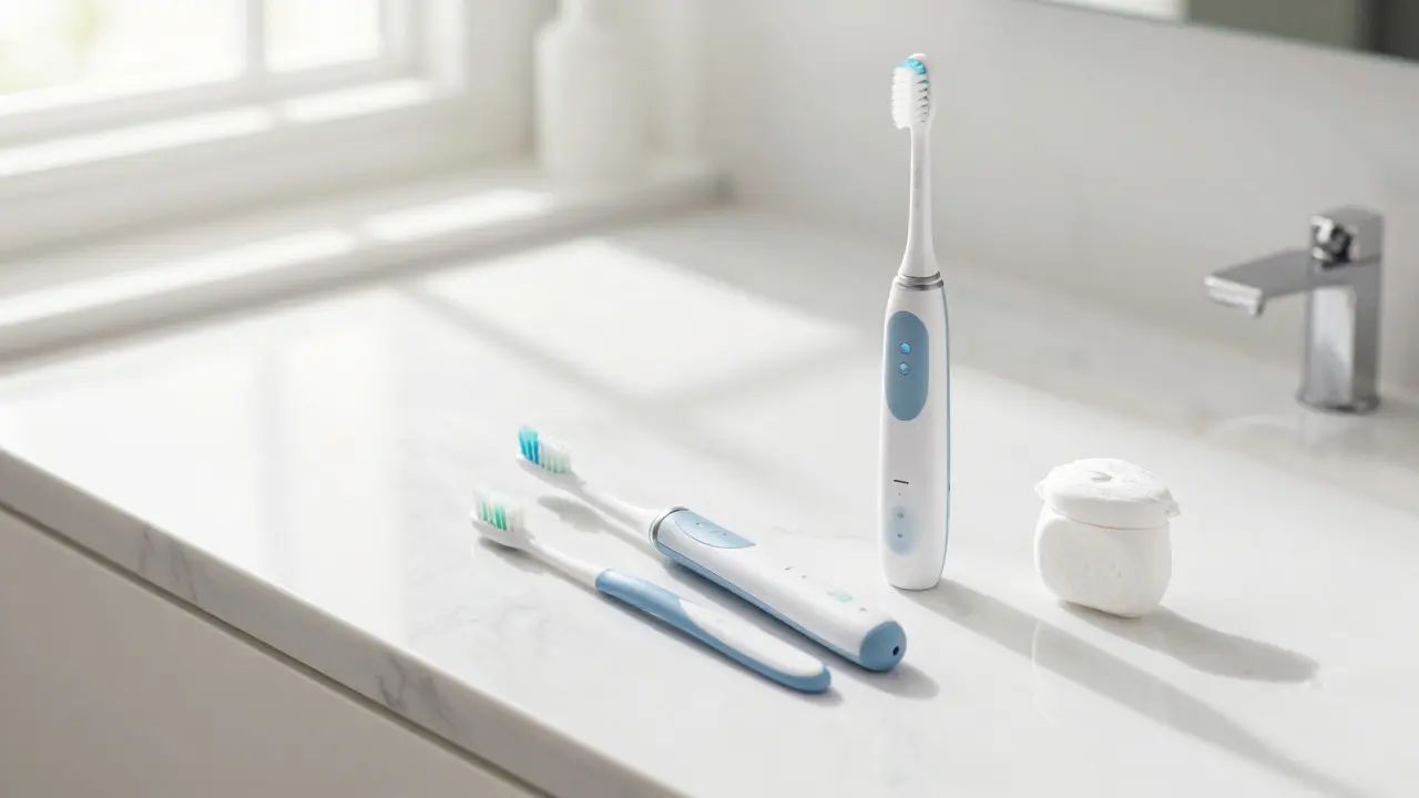 Sada pro domácí péči o zuby včetně sonického kartáčku a mezizubních kartáčků.