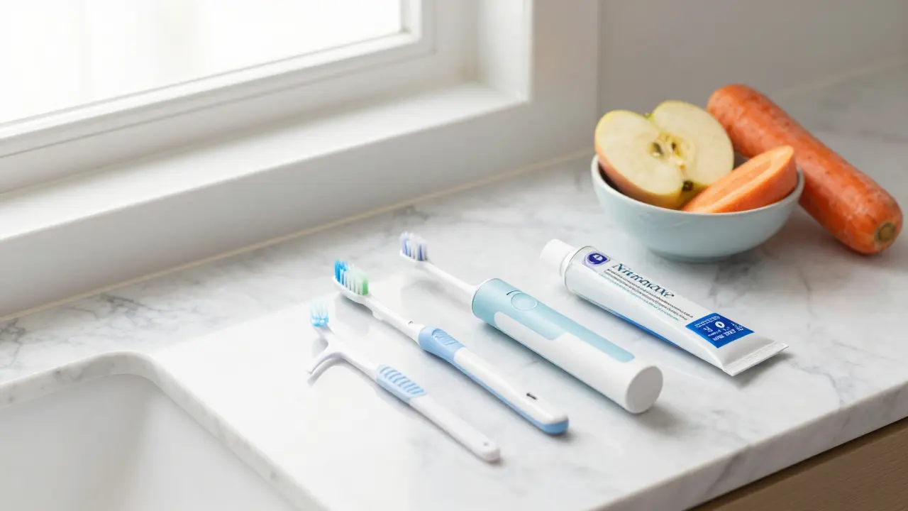 Sada pro hygienu zubů s elektrickým kartáčkem a nakrájenou zdravou stravou.