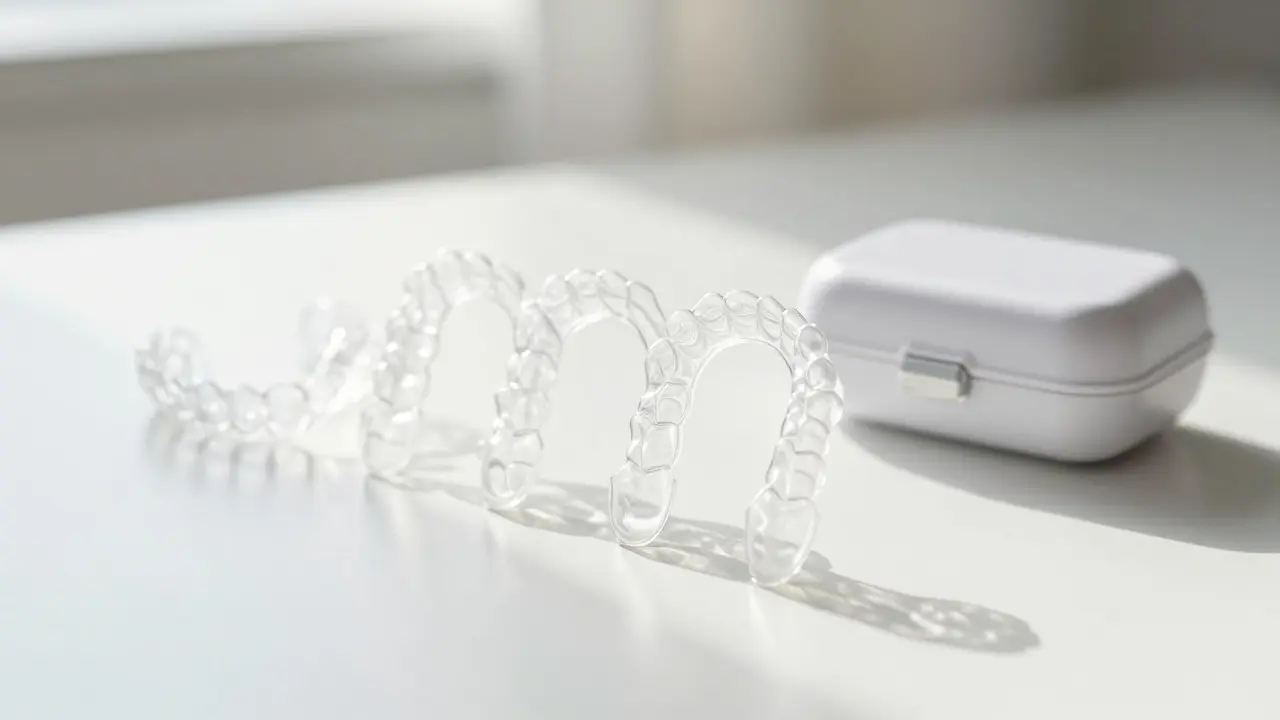 Série průhledných plastových alignerů v řadě s elegantním pouzdrem.