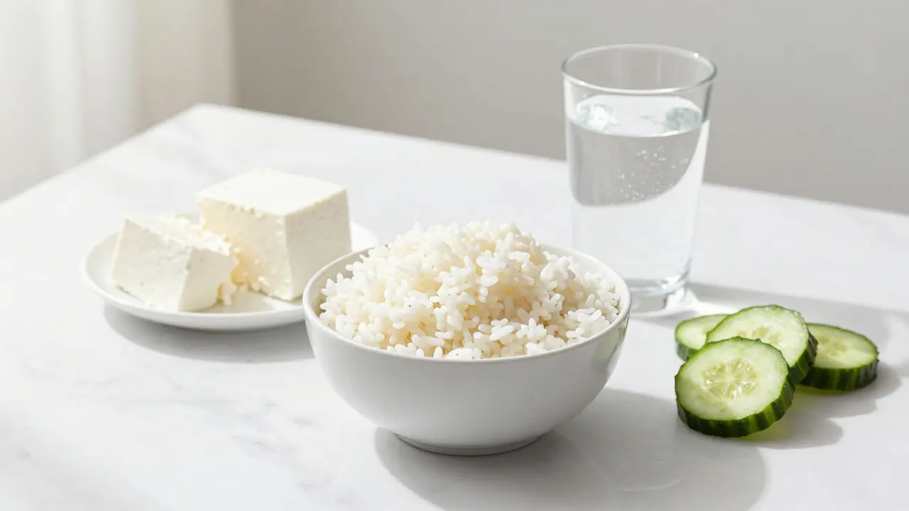 Sestava potravin pro bílou dietu: bílá rýže, sýr a okurka na bílém stole.