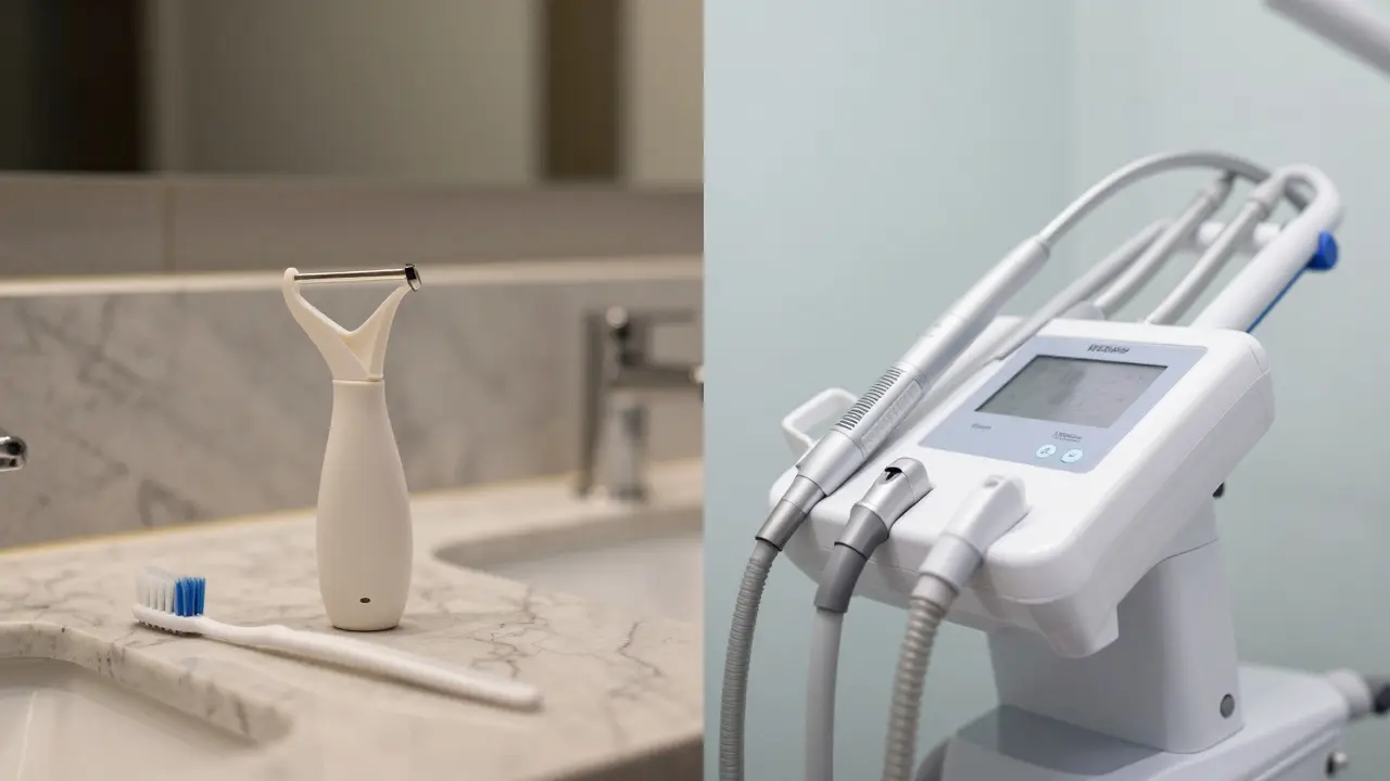 Srovnání jednoduchého domácího ultrasonického čističe a profesionálního přístroje v ordinaci.