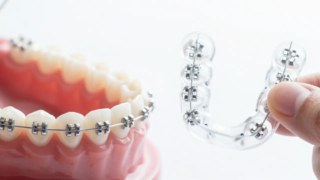 Srovnání keramických rovnatek a průhledných alignerů pro narovnání zubů.