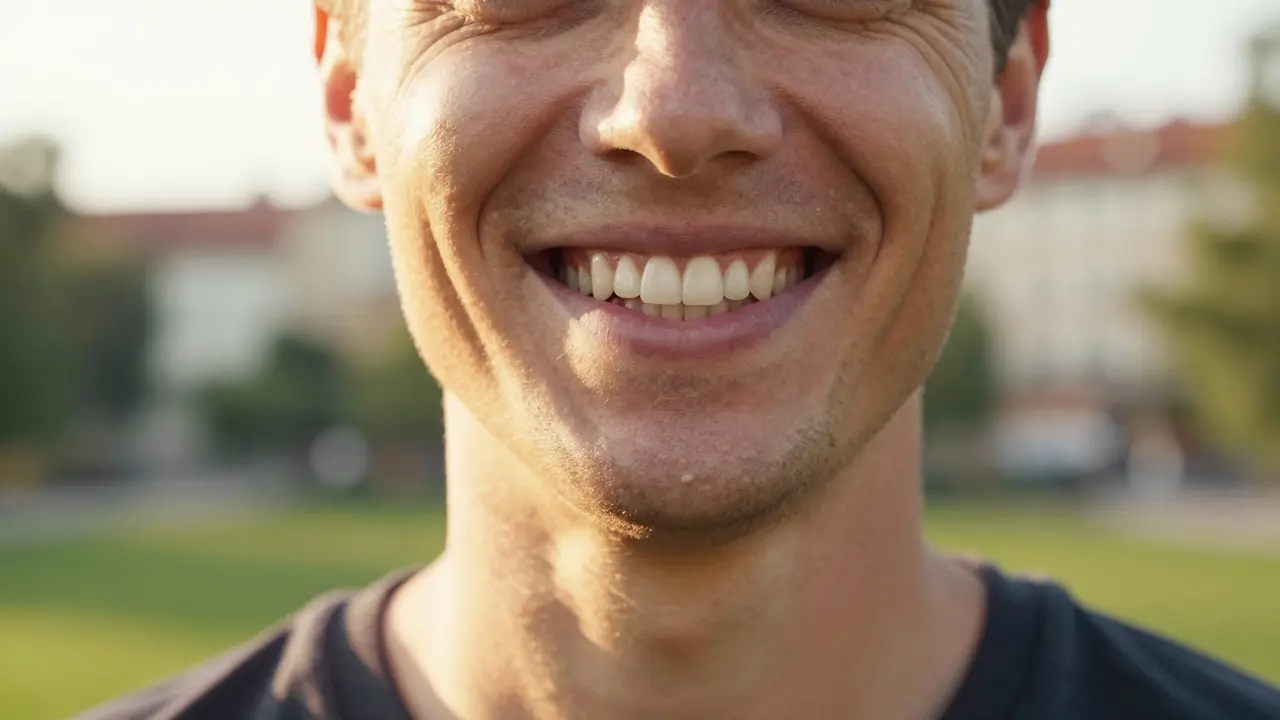 Šťastný člověk s rovnými a bílými zuby usmívá se na slunci.