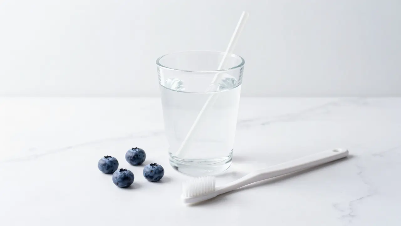 Stolní kompozice s vodou, borůvkami a zubním kartáčkem pro udržení bělosti.
