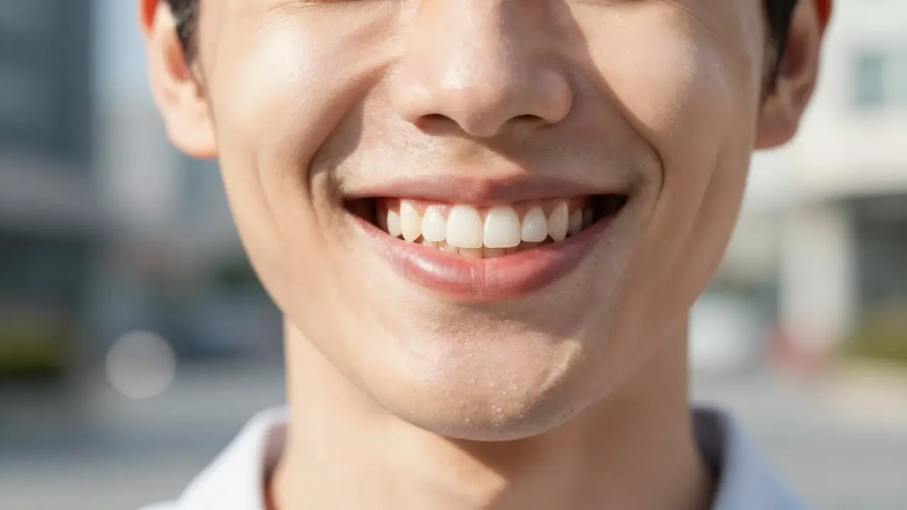 Úsměv člověka s esteticky opravenými a zdravými předními zuby.